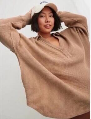 Aerie Lumbar Jane Waffle Knit Pullover Top Brown Size XS Oversized Slouchy